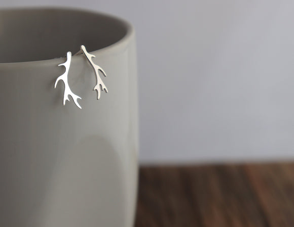 Silver Antler Earrings • Sterling Silver Handmade Antler Studs • Woodlandcore • Rustic Jewelry • Deer Studs • Gift for Her • Ear Climbers