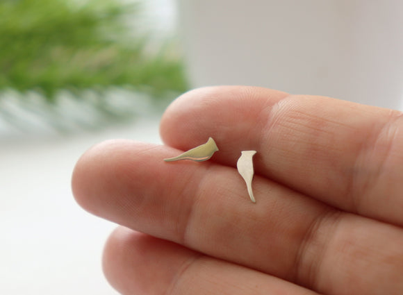 Cardinal Bird Earrings • Sterling Silver • Handmade Cardinal Studs • Cardinal Bird Jewelry • Cardinal Silhouette Earrings • Bird Lover Gift