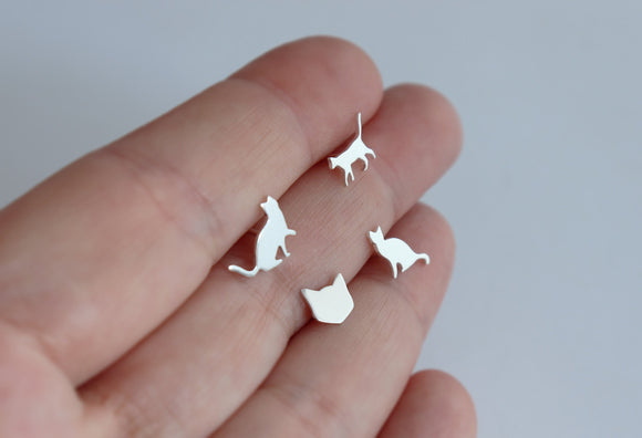 Set of 4 Cat Stud Earrings, Sterling Silver Mismatched Cat Earrings